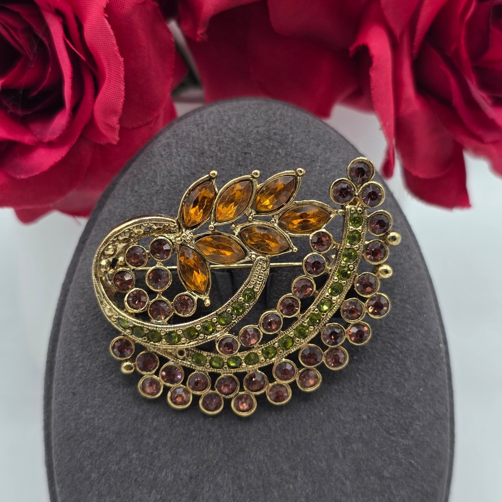 Vintage Gold Tone Rhinestone Paisley Floral Brooch Amber Green Mauve Crystal Pin
